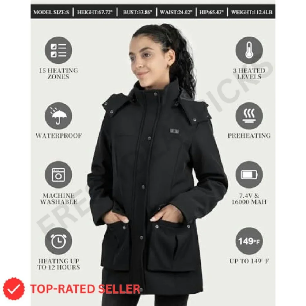 Heated Winter Coat with Detachable Hood Long Jacket Warm Tech Chic
